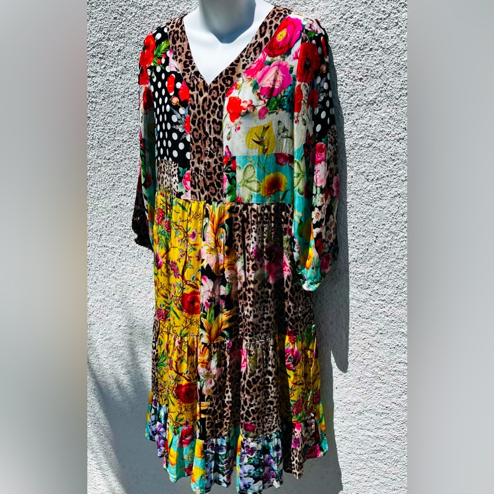 Silk multi pattern dress, NWT!